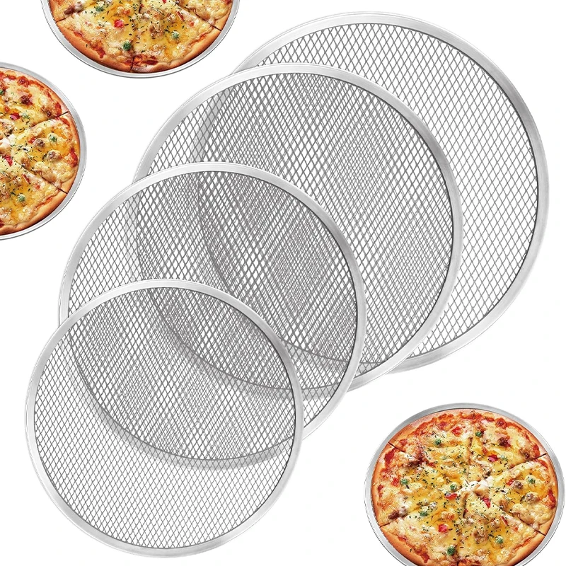 Pizza Stone Baking - 8/10/12/14 รอบถาดอบพิซซ่า DIY พิซซ่าหน้าจอถาดอบโลหะสุทธิ Non-Stick แม่พิมพ์สําหรับเตาอบไม่มีรอยต่ออลูมิเนียมพิซซ่าหน้าจอ