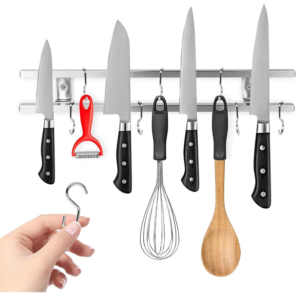 Magnetic Knife Strip - ที่วางมีดแม่เหล็กโลหะสแตนเลสขนาด 16 นิ้ว, แถบแม่เหล็กติดผนังแบบคู่พร้อมตะขอ 8 อัน